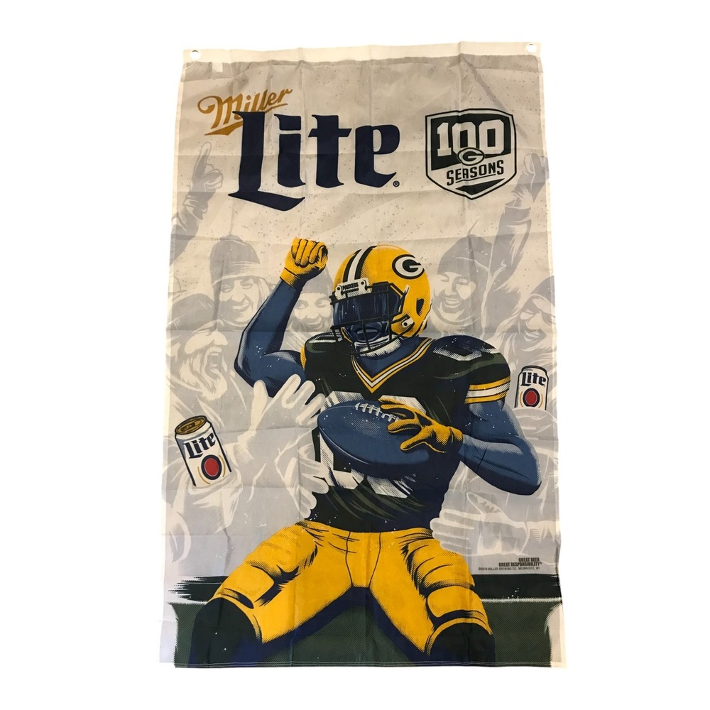 Green Bay‎ Packers Miller Lite 100 Seasons Vertical Banner Flag Football 49x30
